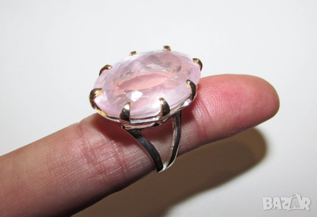 925 сребърен пръстен с розов кварц 32 карата, халка 7.5/56, снимка 3 - Пръстени - 52886046