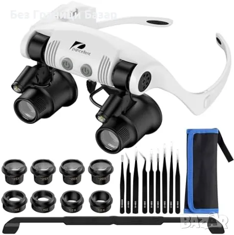 Нов Комплект увеличителни очила с LED и 9 пинсети за ремонт и бижута