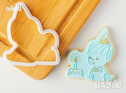 момиче момче с торта рожден ден пластмасов резец форма фондан тесто бисквитки, снимка 3 - Форми - 36629826