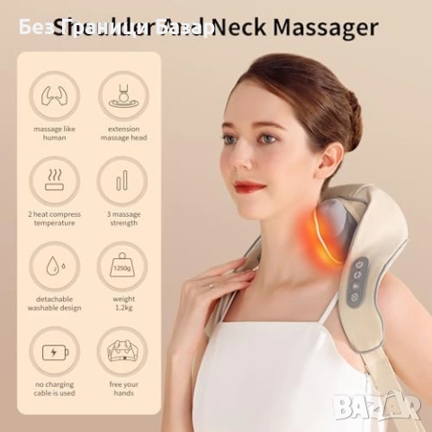 Нов безжизен Електрически масажор за врат 6D шиацу с нагряваща функция, снимка 4 - Масажори - 53018706