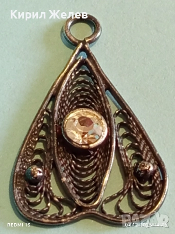 Стара филигранна сребърна с гранулация и камък висулка пендант 52422, снимка 2 - Колиета, медальони, синджири - 52651077