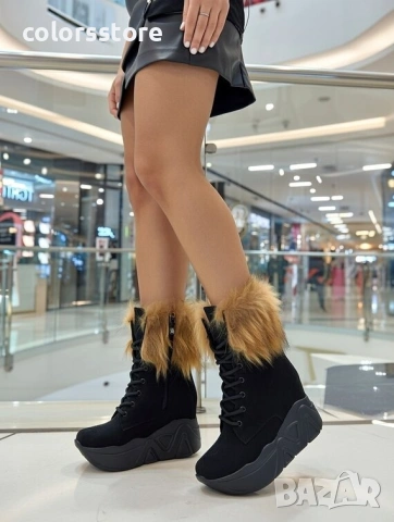 Боти на платформа - черен велур с бежов косъм - BPH1 