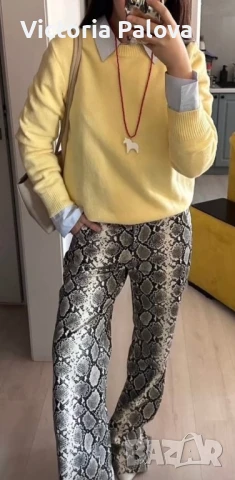 Модерен кожен панталон змийски принт естествена кожа, снимка 16 - Панталони - 49330490
