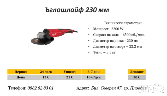 Ъглошлайф 230 мм под наем