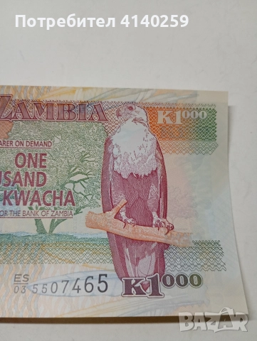 ЗАМБИЯ БАНКНОТА 1000 КВАЧА 2011 Г , снимка 2 - Нумизматика и бонистика - 52773790