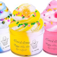 Комплект Fluffy Cloud Slime Kit, 3 бр. слайм за деца, с розови праскови, жълт лимон и синьо лате, снимка 1 - Пластелини, моделини и пясъци - 43170217