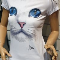 Страхотна нова дамска тениска с 3D принт котка със сини очи, снимка 5 - Тениски - 28344647