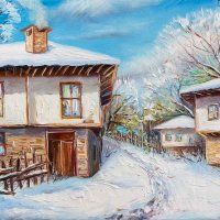 Зимна картина с възрожденски къщи - Зимен пейзаж, снимка 1 - Картини - 43776764