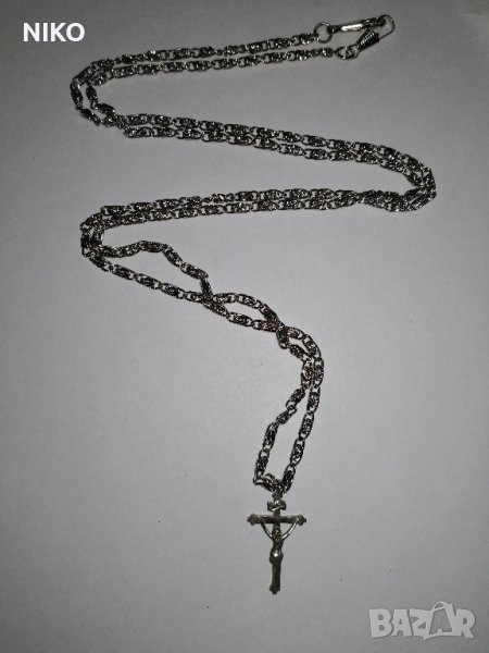 Продавам, Старинен сребърен кръст с Исус - разпятие Христово с 2 сребърни синджира, снимка 1