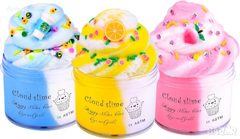 Комплект Fluffy Cloud Slime Kit, 3 бр. слайм за деца, с розови праскови, жълт лимон и синьо лате, снимка 1