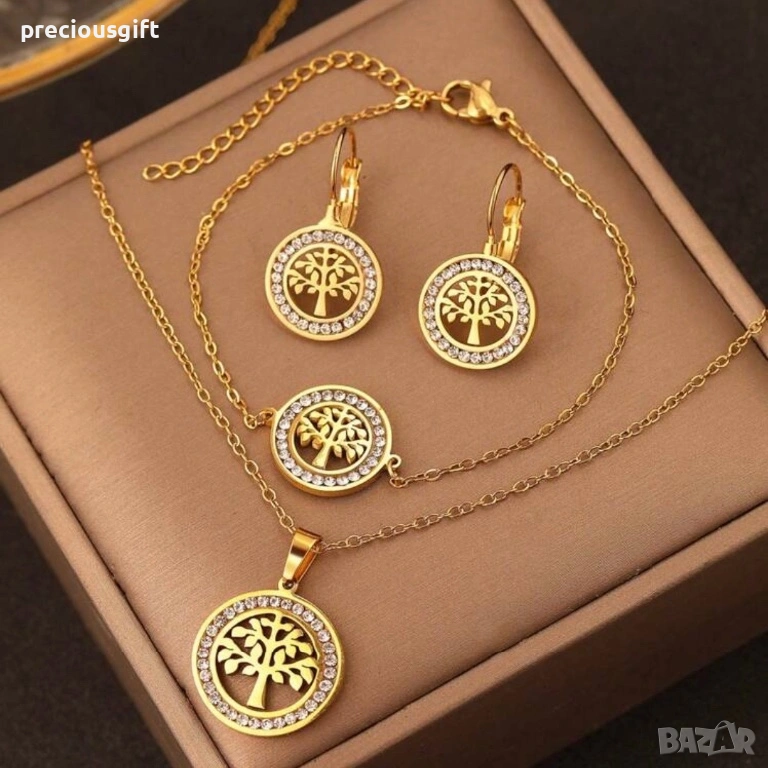 Комплект бижута от неръждаема стомана - гердан, гривна и обеци, снимка 1