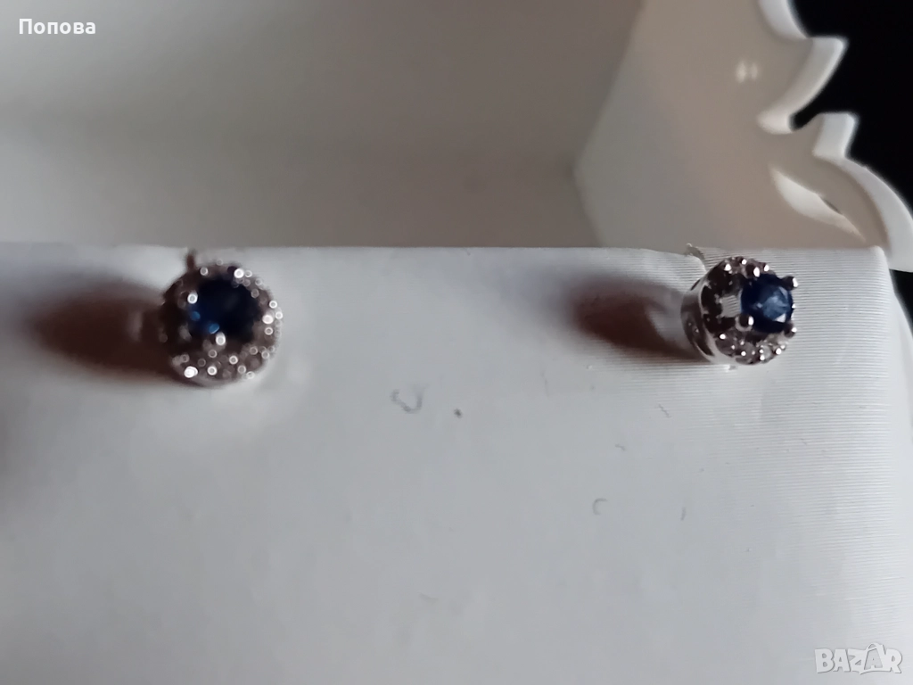 Златни обеци с естествени сапфири и диаманти /бяло злато/, снимка 1