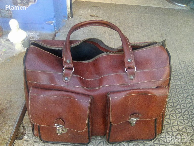Стара българска кожена чанта сак с ципове, снимка 1