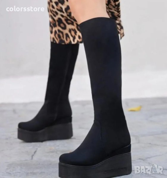 Ботуши на платформа - черен велур с черно ходило - 136K, снимка 1
