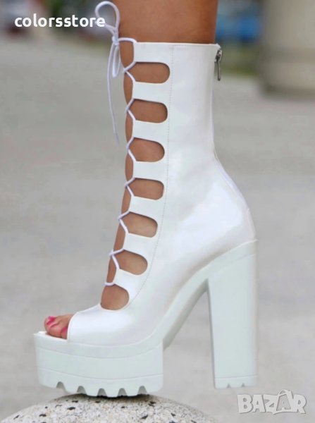 Летни боти на ток - бял лак - 101, снимка 1