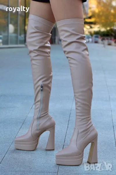 Чизми на ток - бежова кожа, снимка 1