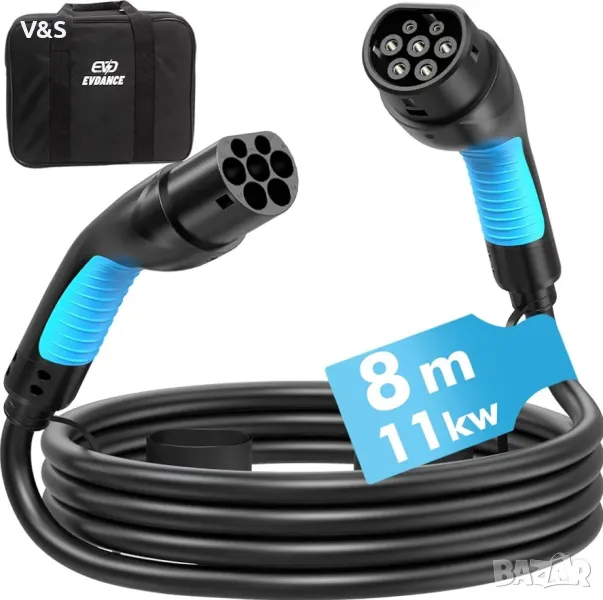 кабел за зареждане EVDANCE Тип 2 | 11 kW | 16 A | 8 м | 3-фазен | Тип 2 към Тип 2 | с чанта за E Car, снимка 1