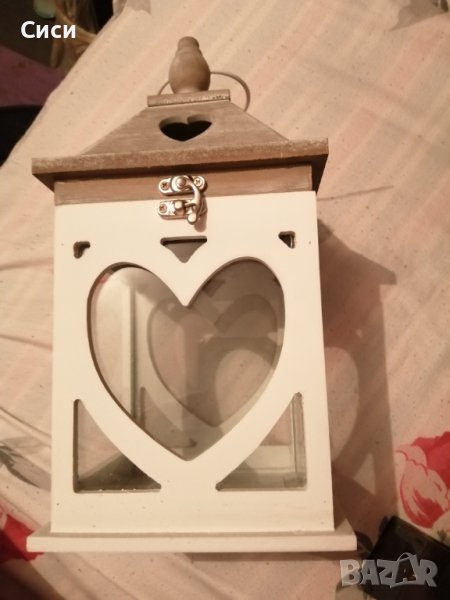 Дървен фенер сърце с метална дръжка, снимка 1