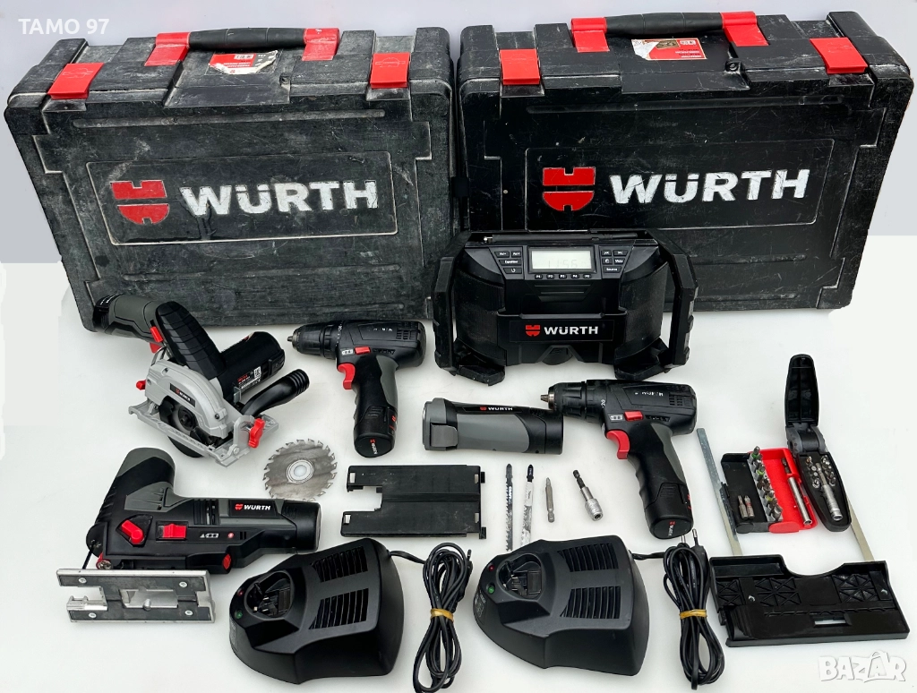 Wurth акумулаторен сет 2броя винтоверт, фенер, радио, зеге, циркуляр 10.8V, снимка 1
