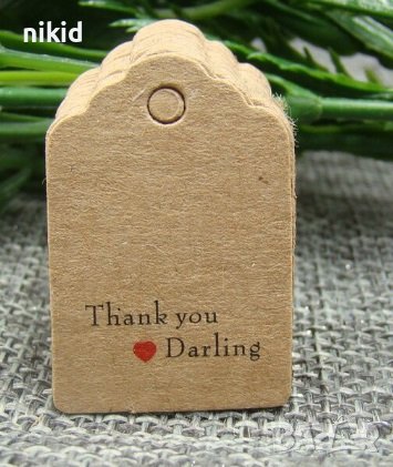 50 бр малки правоъгълни Thank you Darling Тагове табелки етикети картонени подаръци ръчна изработка, снимка 1