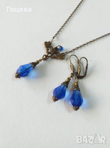 Разкошен комплект бижута с кралско сини капки от Венецианско стъкло и бронзови орнаменти, снимка 5 - Бижутерийни комплекти - 40711991