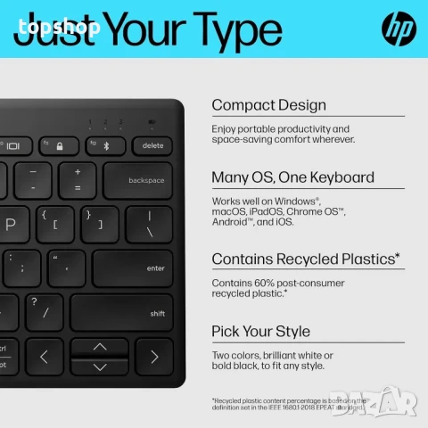 НОВА Компактна Bluetooth клавиатура HP 350, до 3 устройства чрез Bluetooth 5.2, Multi-OS..., снимка 11 - Клавиатури и мишки - 50555885