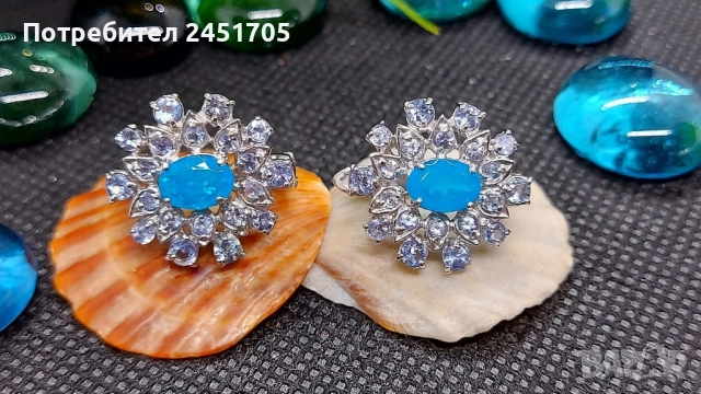 Сребърни обици с натурални танзанити и Син опал , снимка 6 - Обеци - 52661130