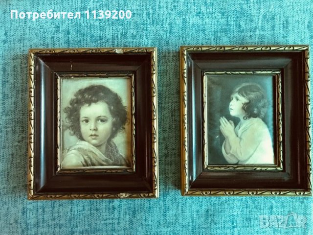 2бр френски винтидж картини молещо се момиче и момче щампа върху плат, снимка 5 - Картини - 32721197