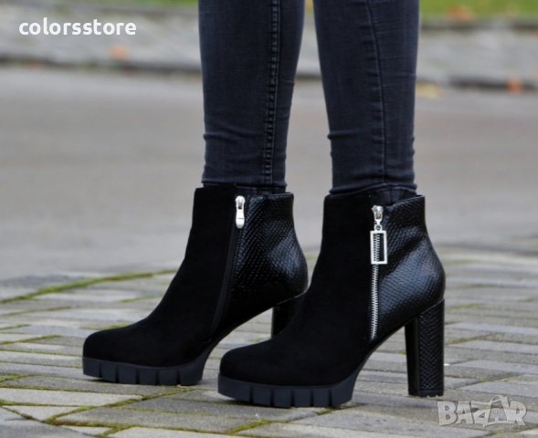 Боти на ток - черна кожа и велур - Q2AX5288-6, снимка 2 - Дамски боти - 35091210