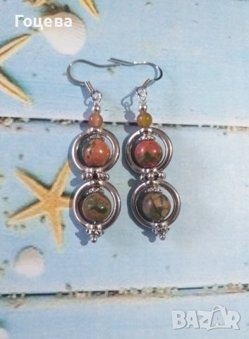 Новите ни Бохо обици с камъни Унакит и Жадеит и орнаменти в цвят Сребро 