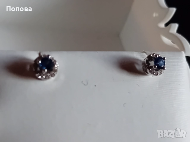 Златни обеци с естествени сапфири и диаманти /бяло злато/