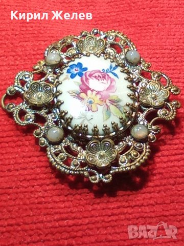 СТАРА ФИЛИГРАННА БРОНЗОВА СКЪПОЦЕННА ПРЕКРАСНА АР НУВО БРОШКА РИСУВАН ПОРЦЕЛАН 27913