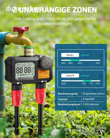 Програматор, таймер за напояване, 2 изхода, автоматично и ръчно поливане, снимка 3 - Напояване - 52535415