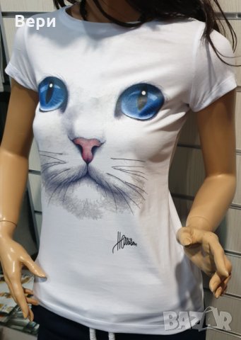 Страхотна нова дамска тениска с 3D принт котка със сини очи, снимка 5 - Тениски - 28344647