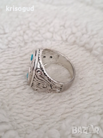 Мъжки пръстен от неръждаема стомана с Гарван и синтетичен тюркоаз, снимка 3 - Пръстени - 53032596