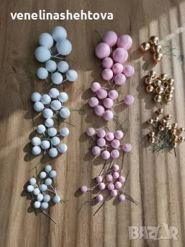 108 броя розови/бели/златисти топчета топки на тел за декорация на торта от стиропор, снимка 4 - Декорация за дома - 47808571