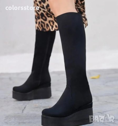 Ботуши на платформа - черен велур с черно ходило - 136K