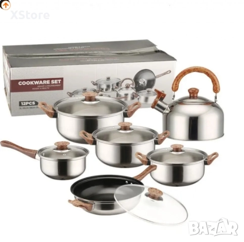 Комплект от 12 части за всяка кухня. 3бр тенджери, тиган, касерола и чайник и капаци, снимка 6 - Съдове за готвене - 51847144