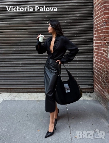 VINTAGE черна кожена миди пола, уникален дизайн, снимка 17 - Поли - 52086295