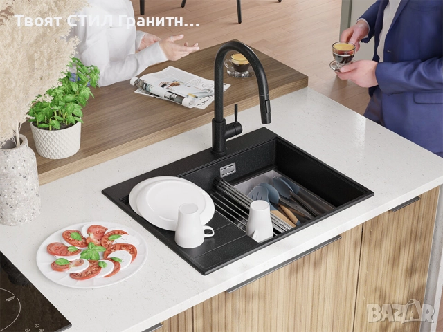 Графит гранитна кухненска мивка Сидни 620-45 Ergo Multilevel 620х500, снимка 3 - Мивки - 51918103