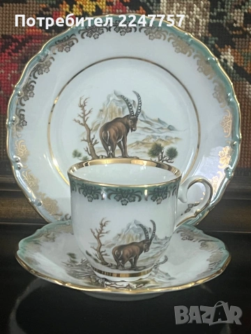 Троен сет порцелан с Ловен мотив, снимка 6 - Сервизи - 52771246