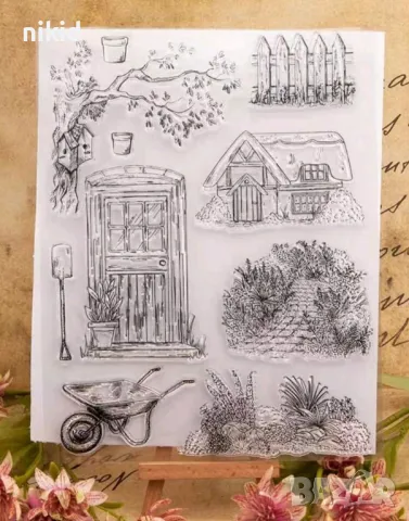 Къща врата дърво каруца цветя път силиконов гумен печат декор украса бисквитки фондан Scrapbooking, снимка 3 - Други - 48520164