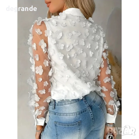 Бяла риза с цветя и ръкави от тюл , снимка 2 - Ризи - 51466312