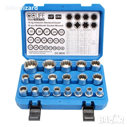 Комплект 12-точкови вложки за заключване на зъбни колела 1/2" 8-32, многозъби, 19 части НОВИ