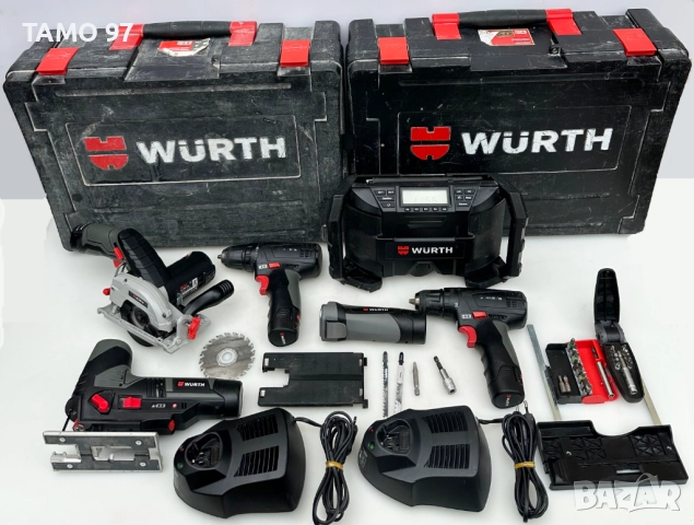 Wurth акумулаторен сет 2броя винтоверт, фенер, радио, зеге, циркуляр 10.8V