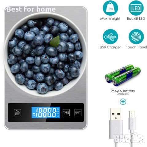 Акумулаторна кухненска везна 15 кг Лед с иноксово покритие, снимка 6 - Електронни везни - 43924833