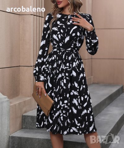 Дамска черна рокля с дълъг ръкав с нов темпераментен принт, снимка 3 - Рокли - 43662545