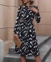 Дамска черна рокля с дълъг ръкав с нов темпераментен принт, снимка 3