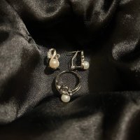 Нежен сребърен комплект обеци и пръстен с бели перли и цирконий, снимка 3 - Обеци - 42968361