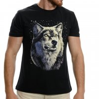 Нова мъжка тениска с дигитален печат Вълк - Звезди, Серия вълци, снимка 1 - Тениски - 37638861